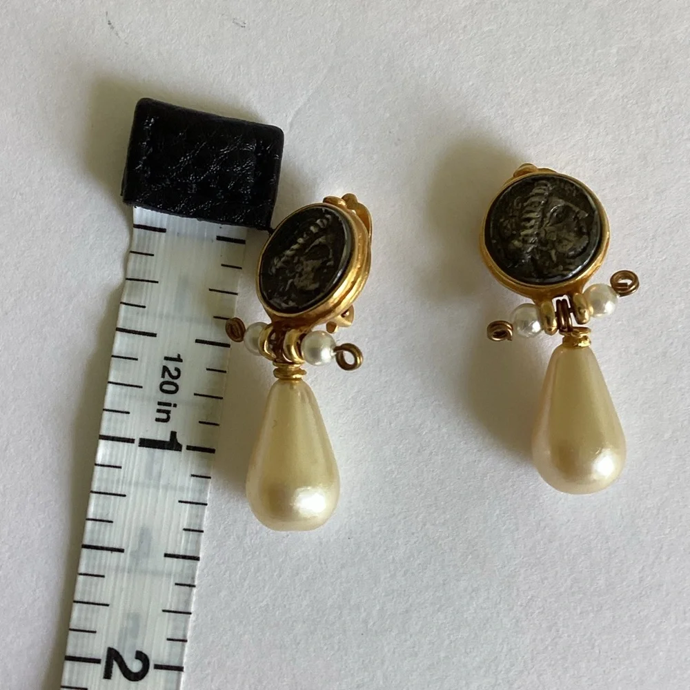 Etruscan Style Coin Earrings Faux Pearl Stamped LM Intaglio Mobe Classic Gift